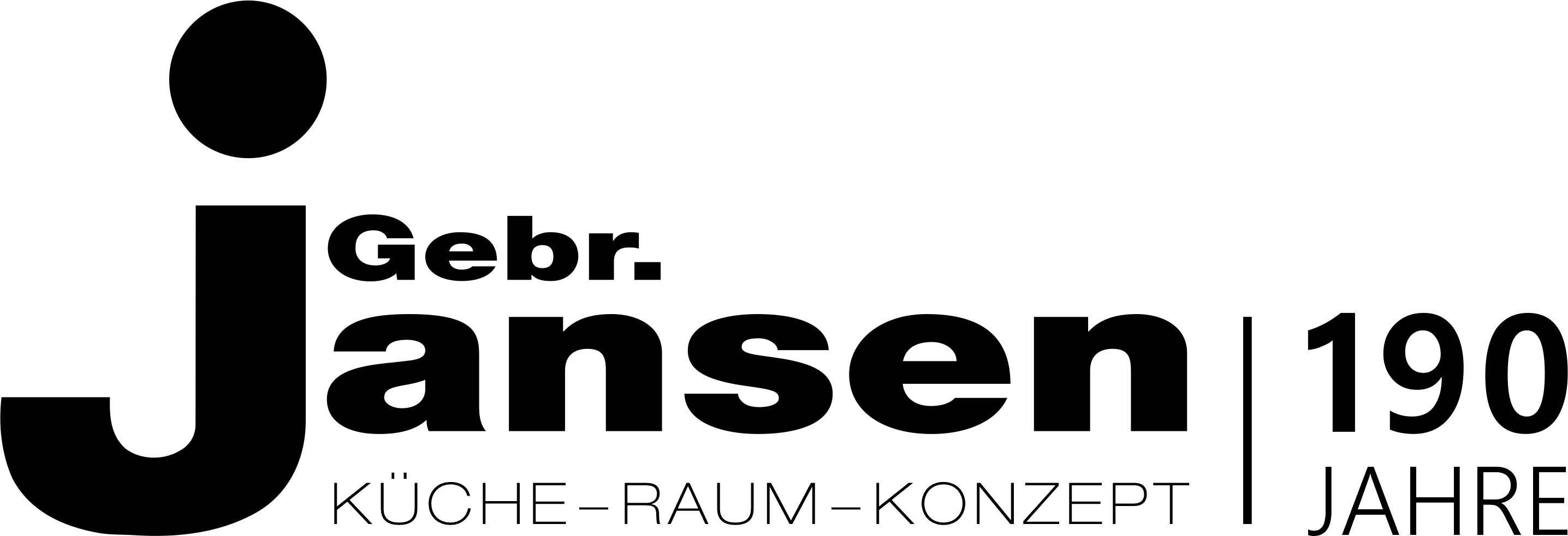 Logo mit fetter schwarzer Schrift: Gebr. Jansen und KÜCHE–RAUM–KONZEPT. Rechts steht vertikal „190 JAHRE“, was auf 190 Jahre hinweist. Das Design verwendet moderne, serifenlose Schriftarten.